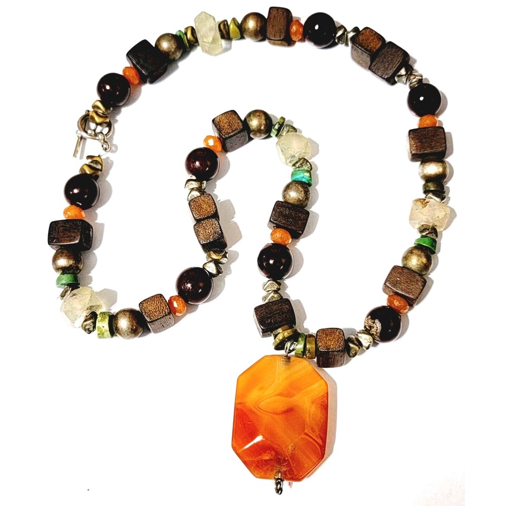 Vintage Orange Necklace Beaded Agate Boho Mixed Materials Wood Retro Pendant